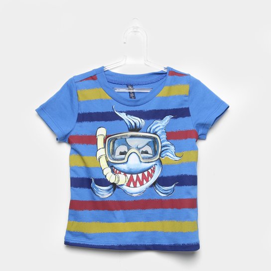 Camiseta Infantil Cativa Listrada Tubarão Masculina - Azul Royal