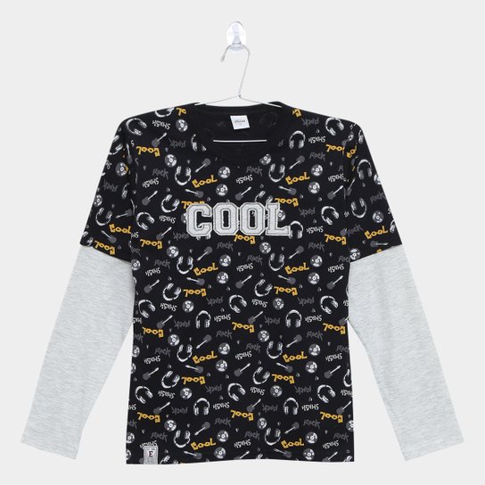 Camiseta Infantil Elian Cool Manga Longa Masculina - Preto