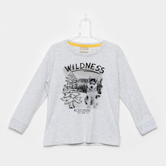 Camiseta Infantil Milon Lobo Manga Longa Masculina - Cinza
