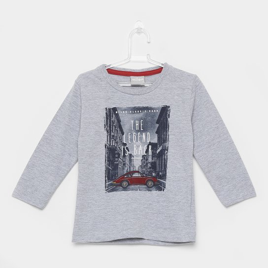 Camiseta Infantil Milon Manga Longa Meia Malha Cars Masculina - Cinza