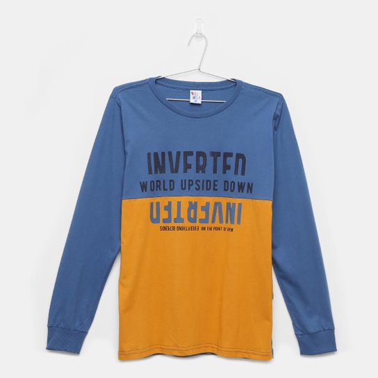 Camiseta Infantil Pulla Bulla Inverted Manga Longa Masculina - Azul