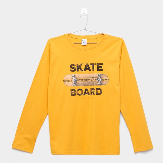 Camiseta Infantil Pulla Bulla Manga Longa Skate Masculina - Amarelo