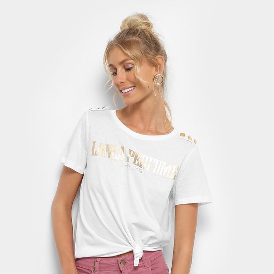 Camiseta Lança Perfume Foil Botões Ombro Feminina - Branco