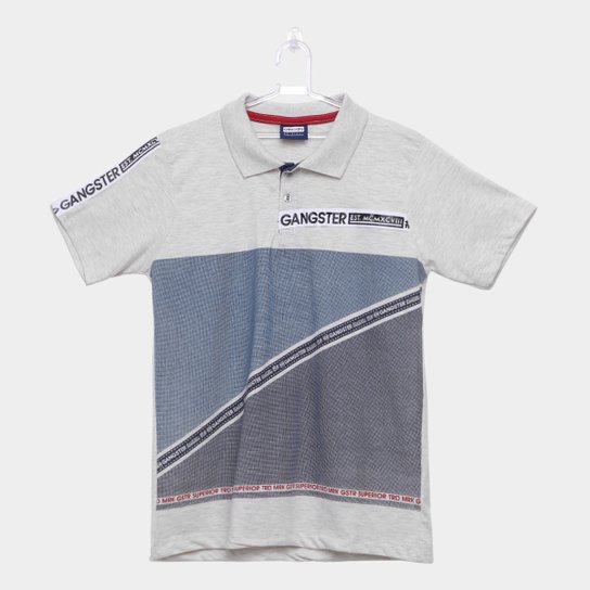Camiseta Polo Infantil Estampada Gangster Masculina - Cinza Claro