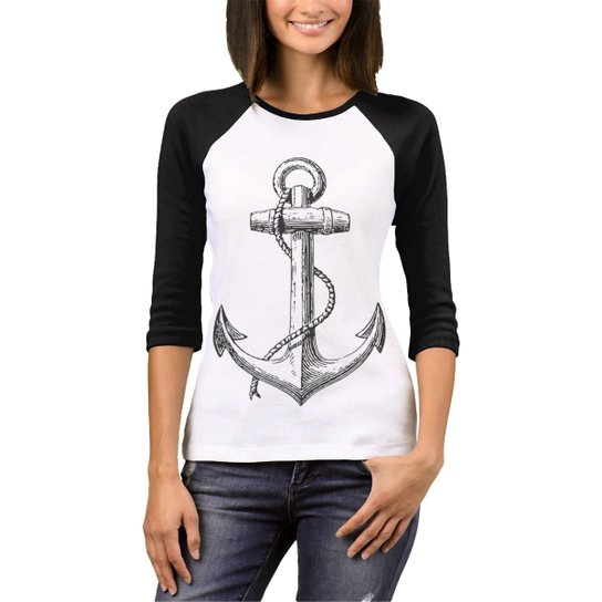 Camiseta Raglan Chess Clothing Feminina - Preto+Branco