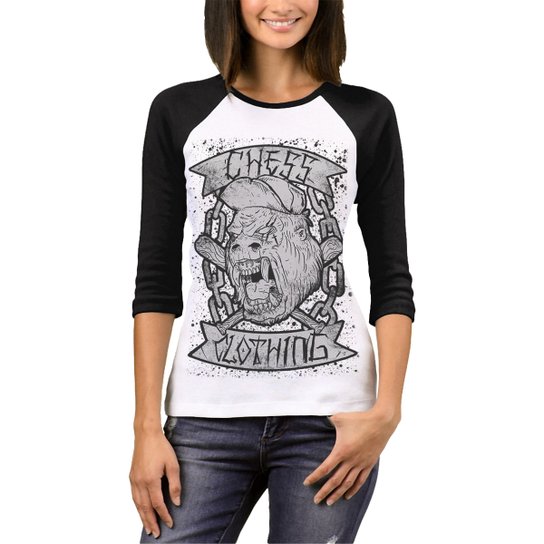 Camiseta Raglan Chess Clothing Feminina - Preto+Branco