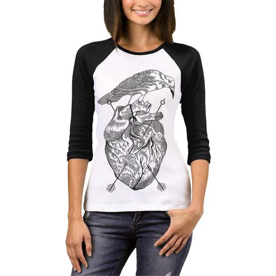 Camiseta Raglan Chess Clothing Feminina - Preto+Branco