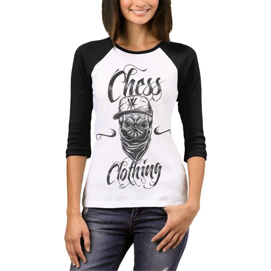 Camiseta Raglan Chess Clothing Feminina - Preto+Branco