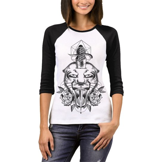 Camiseta Raglan Chess Clothing Feminina - Preto+Branco