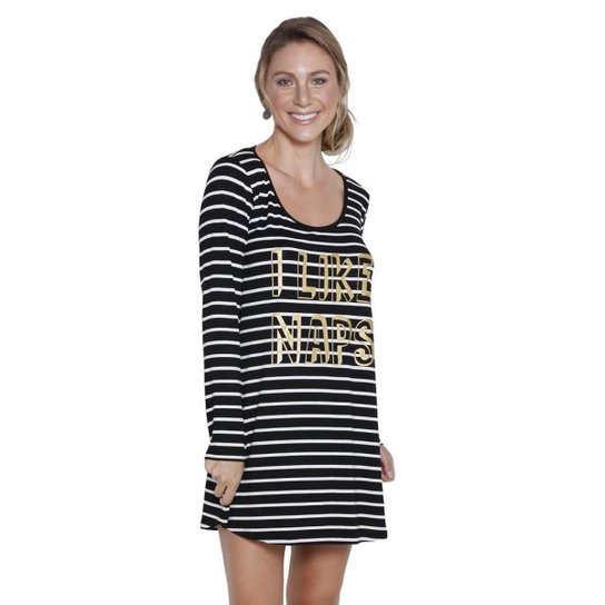 Camisola Inspirate Curta Listra Feminina - Preto