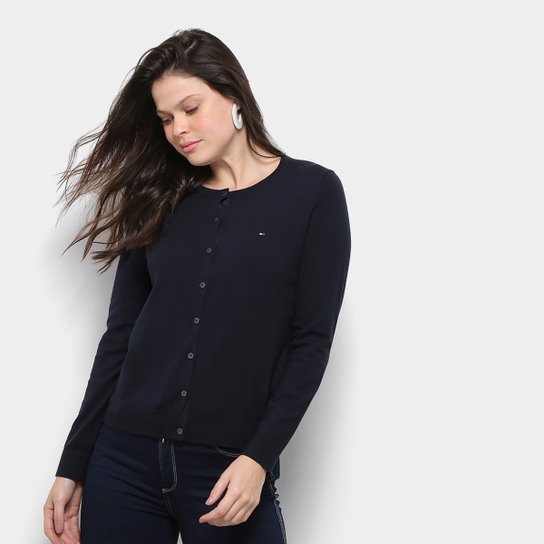 Cardigã Tommy Hifigler Logo Botões Feminino - Azul