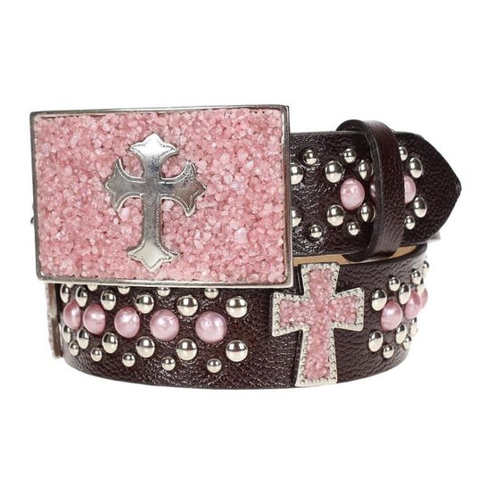 Cinto Paul Western com Detalhes em Rebites e Margarid Feminino - Marrom+Rosa