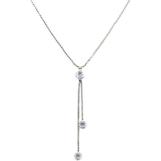 Colar Piuka Lariat Tres Pontos Zircônia Folheado Em Ródio Branco - Prata