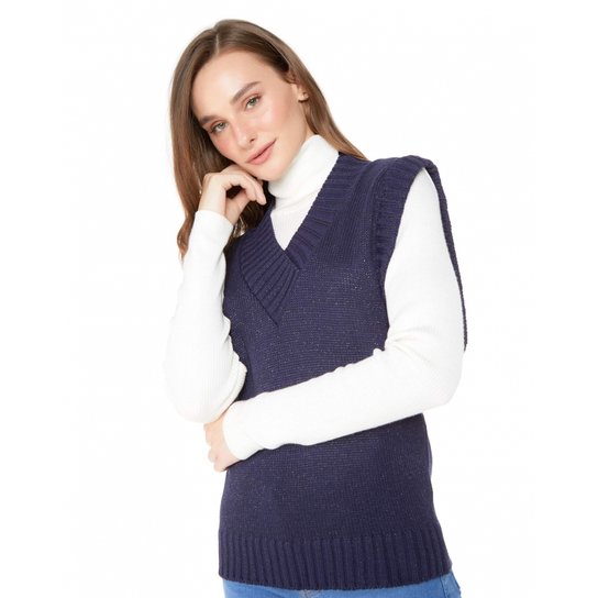Colete Amaro De Lurex Decote V - Feminino - Marinho