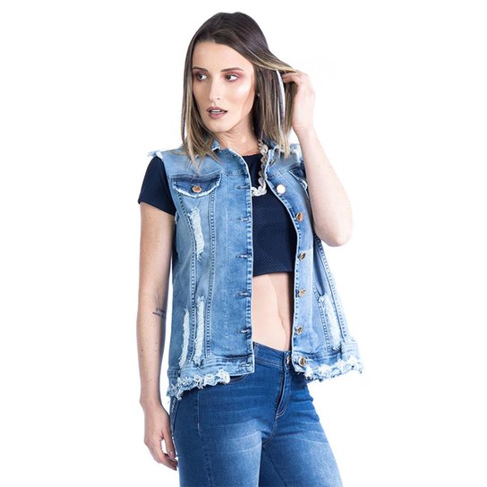 Colete Carlan Jeans Feminino Destroyed - Azul Escuro
