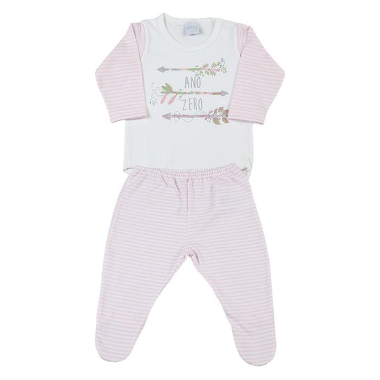 Conjunto Bebê Ano Zero Cotton Listrado Lelu Flechas Feminino - Rosa
