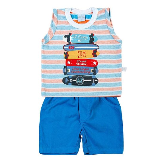 Conjunto Bebê Malha Listrada Sunset Skater e Tela - Azul Turquesa