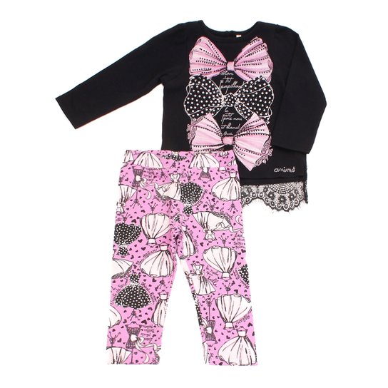 Conjunto Blusa E Legging Anime Petite Com Renda - Preto