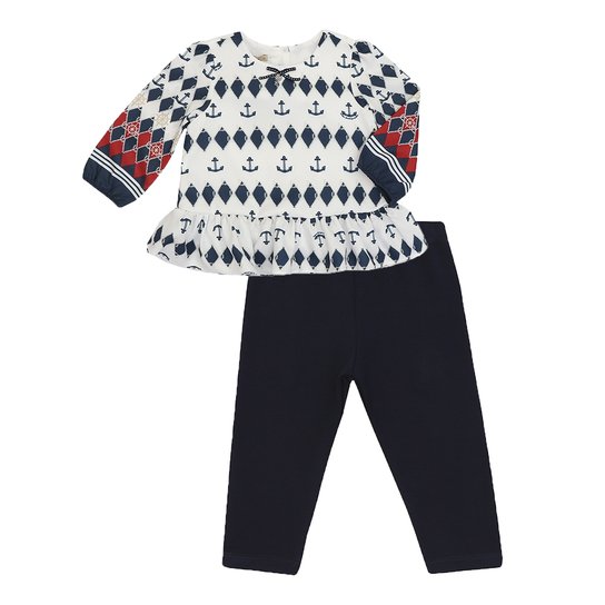 Conjunto Feminino Bata e Calça Legging Estampa Náutico - Branco+Marinho