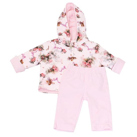 Conjunto Feminino Filhotes Bibe Casaco Fofo E Calça - Rosa