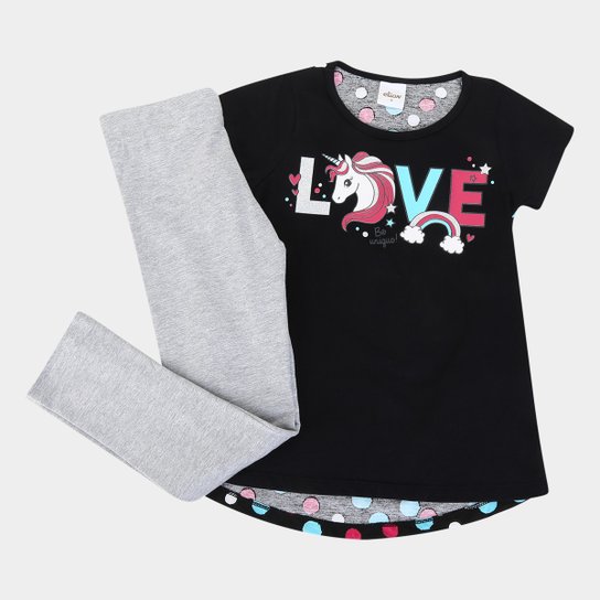 Conjunto Infantil Elian Blusa Malha + Calça Cotton Unicórnio Feminino - Preto