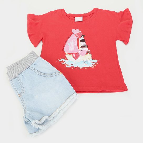 Conjunto Infantil Quimby Barco Corações Feminino - Vermelho