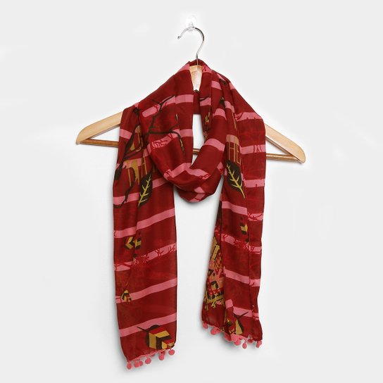 Echarpe Pashmina Listras Folhagem Feminina - Vermelho
