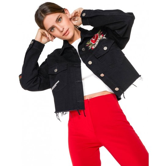 Jaqueta Amaro Jeans Desfiada Bordada Feminina - Preto