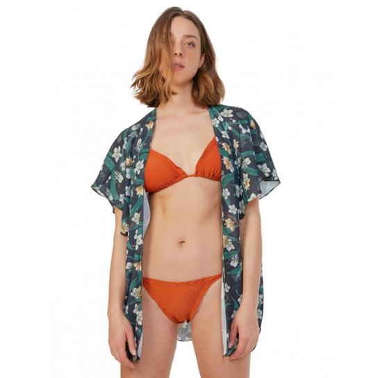 Kimono Amaro Estampado Praia Feminino - Preto+verde