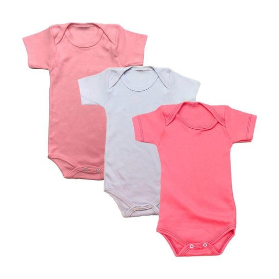 Kit Bebê Body Manga Curta DCP KIDS Liso 3 Peças - Rosa+Branco