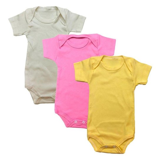 Kit Bebê Body Manga Curta DCP KIDS Liso 3 Peças - Rosa+Amarelo