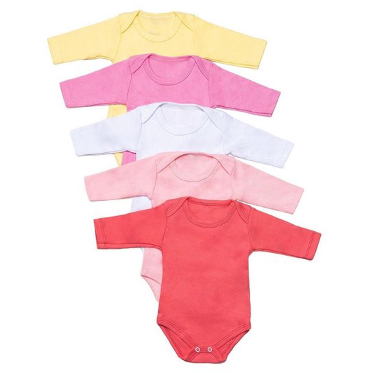 Kit Body Bebê DCP KIDS Manga Longa 5 Peças - Rosa+Branco