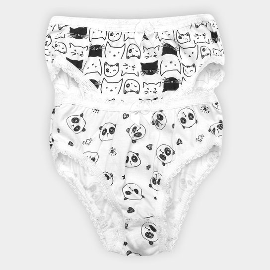 Kit Calcinha Infantil Lupo Estampada Algodão 2 Peças - Branco+Preto