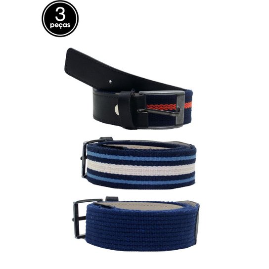 Kit Cinto Via Luna Casual 3 Peças Masculino - Marinho
