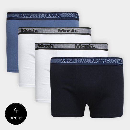Kit Cueca Boxer Mash 4 Peças - Branco+Azul
