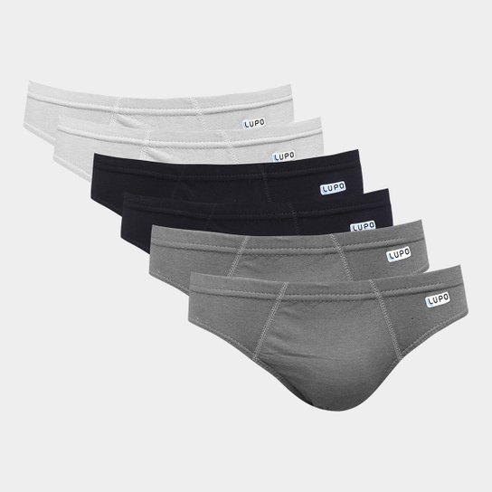 Kit Cueca Slip Lupo 6 peças - Cinza+Preto