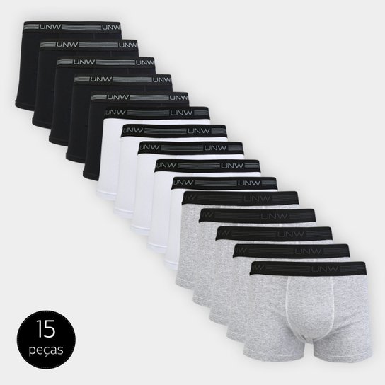 Kit Cuecas Boxer UNW 15 Peças Elástico - Branco+Cinza