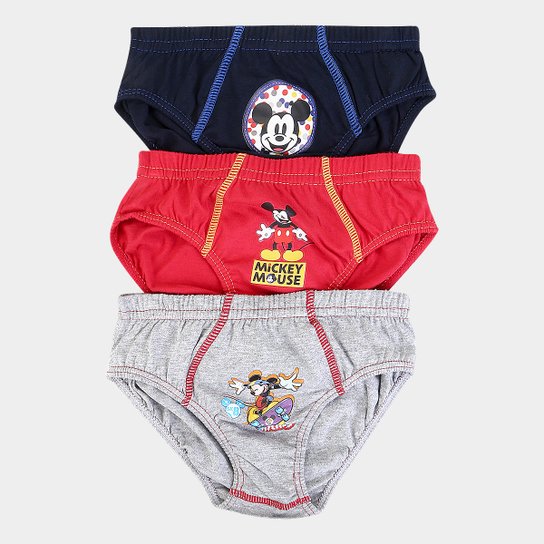 Kit de 3 Cuecas Slip Infantil Lupo Mickey Masculino - Vermelho+Cinza