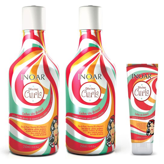 KIT INOAR DIVINE CURLS SHAMPOO LOW POO 250ML + CONDICIONADOR 250ML + GEL FINALIZADOR 240ML - Incolor