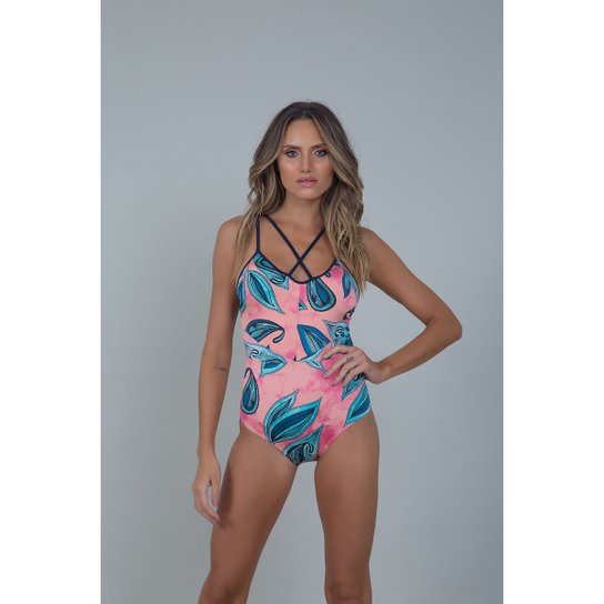 Maiô Nanui Swim Strappy Geometric Brigitte - Branco+Rosa