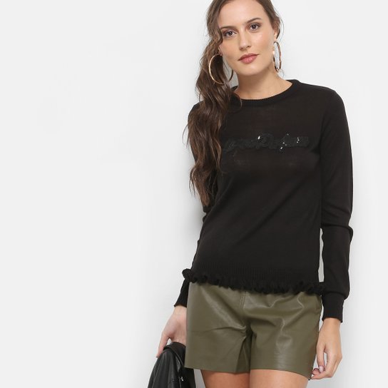Malha Lança Perfume Franjas Bordada Feminina - Preto