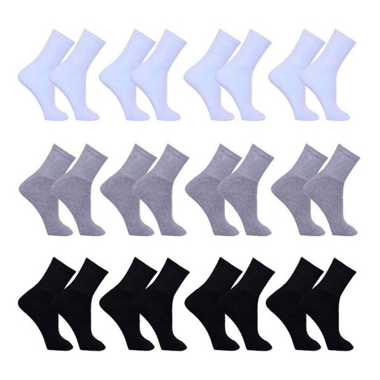 Meia Feminina Kit 12 Pares Cano Alto Sport Algodão - Preto+Branco
