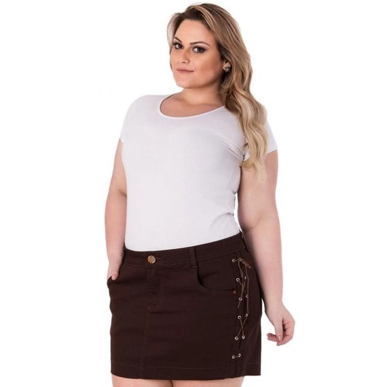 Mini Saia Confidencial Extra Plus Size em Sarja com Trançado Feminina - Marrom Escuro