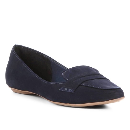 Mocassim Couro Shoestock Bico Fino Feminino - Marinho