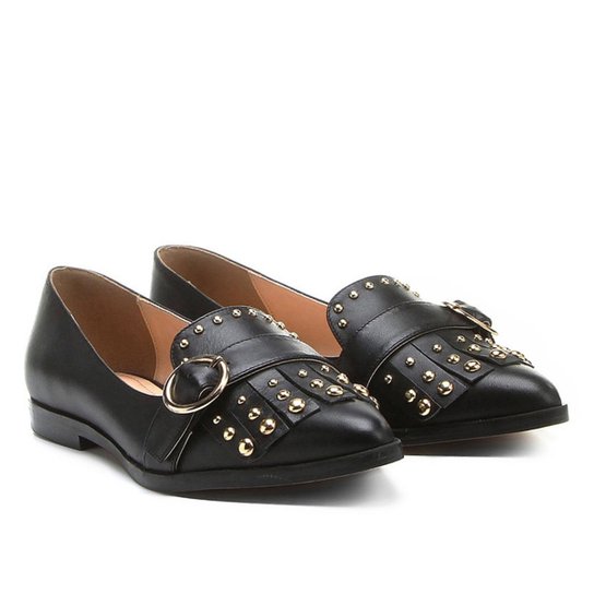 Mocassim Couro Shoestock Bico Fino Mix Metais Feminino - Preto