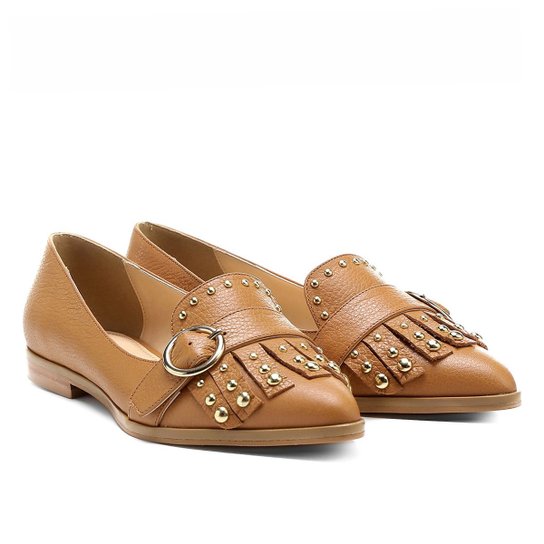 Mocassim Couro Shoestock Bico Fino Mix Metais Feminino - Caramelo