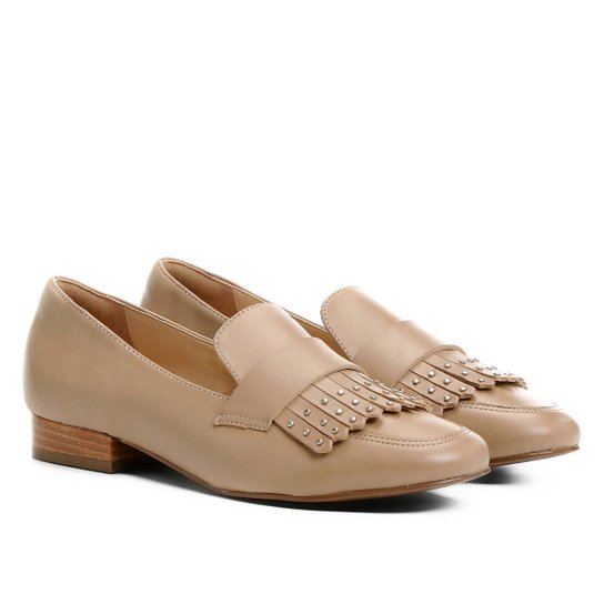 Mocassim Couro Shoestock Franja Apliques Feminina - Nude