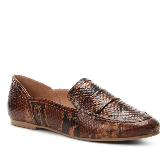 Mocassim Couro Shoestock Loafer Snake Feminino - Caramelo