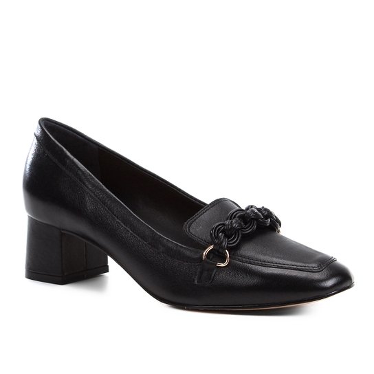 Mocassim Couro Shoestock Salto Bloco Trança Feminino - Preto