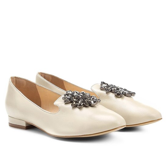 Mocassim Couro Shoestock Slipper Pedraria Feminino - Off White